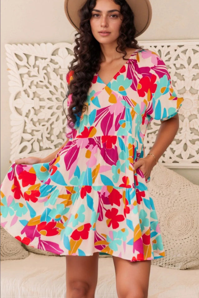 Floral Bubble Sleeve V Neck Tiered Ruffle Babydoll Dress.