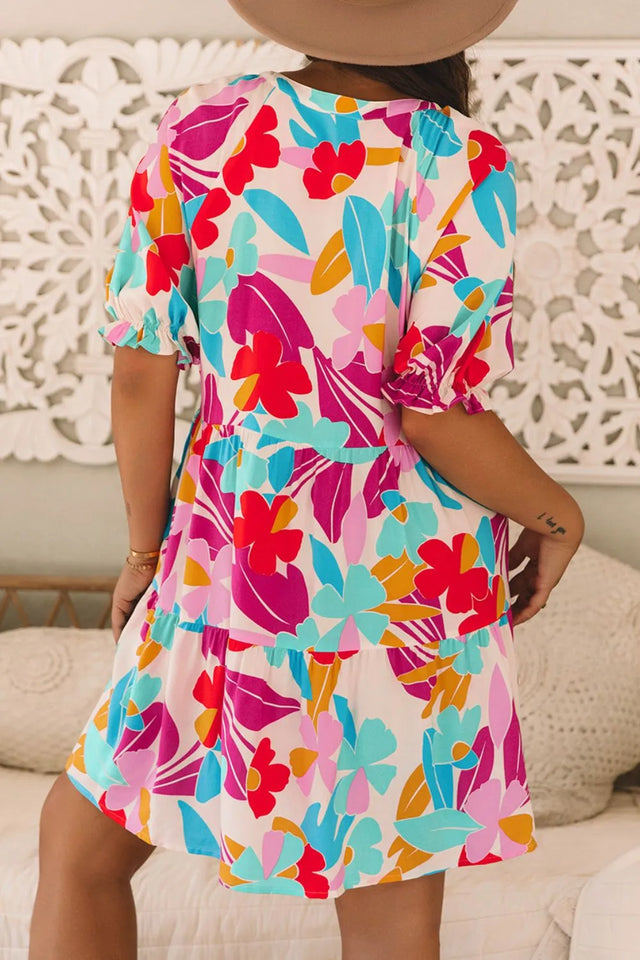 Floral Bubble Sleeve V Neck Tiered Ruffle Babydoll Dress.