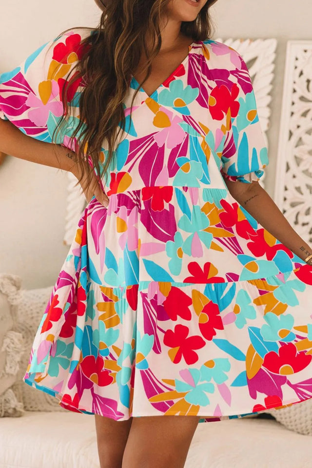 Floral Bubble Sleeve V Neck Tiered Ruffle Babydoll Dress.