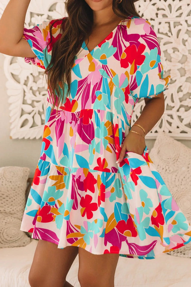Floral Bubble Sleeve V Neck Tiered Ruffle Babydoll Dress.
