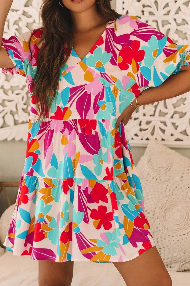 Floral Bubble Sleeve V Neck Tiered Ruffle Babydoll Dress.