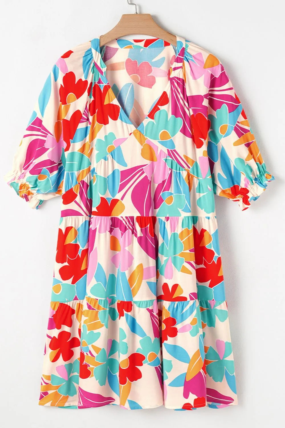 Floral Bubble Sleeve V Neck Tiered Ruffle Babydoll Dress.