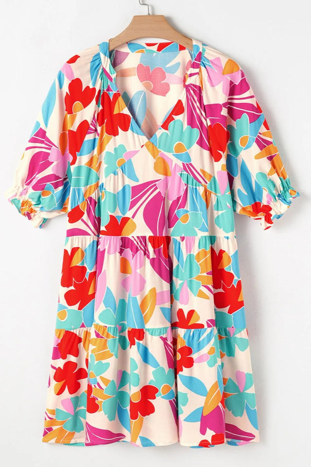Floral Bubble Sleeve V Neck Tiered Ruffle Babydoll Dress.