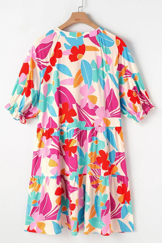 Floral Bubble Sleeve V Neck Tiered Ruffle Babydoll Dress.