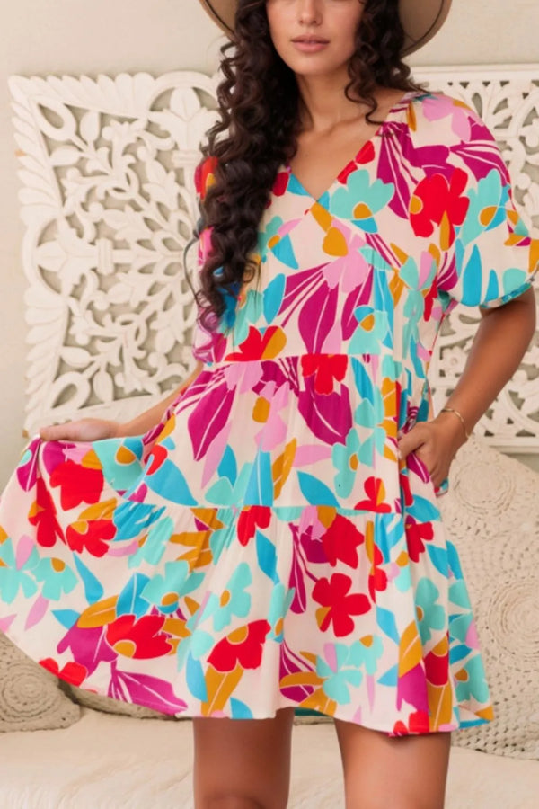 Floral Bubble Sleeve V Neck Tiered Ruffle Babydoll Dress.