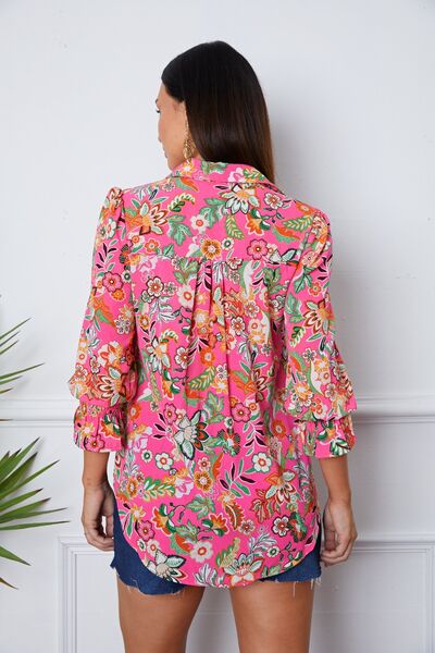 Floral button up flounce sleeve shirt.