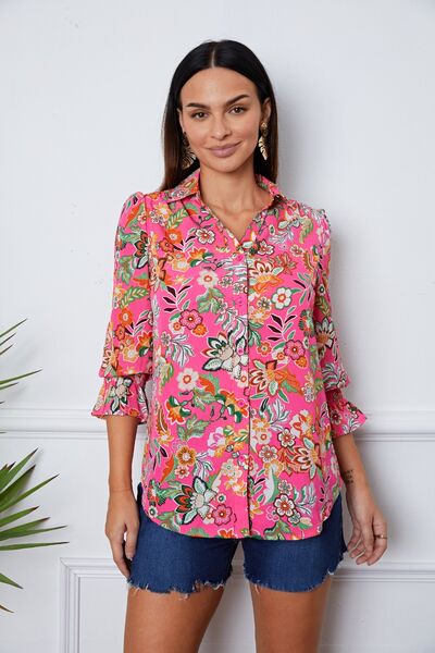 Floral button up flounce sleeve shirt.