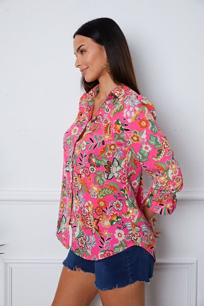 Floral button up flounce sleeve shirt.
