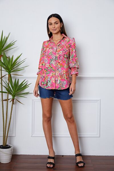 Floral button up flounce sleeve shirt.