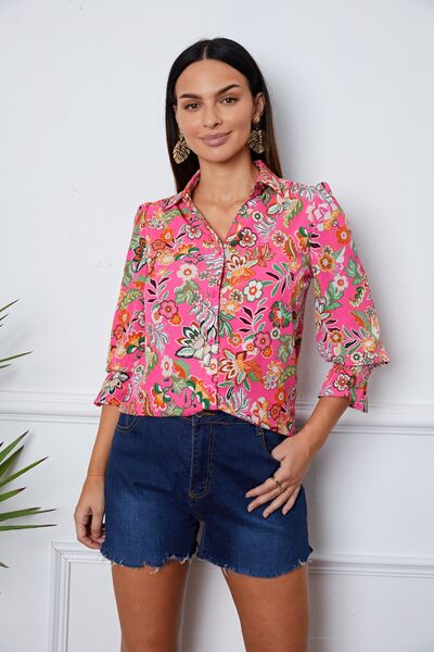 Floral button up flounce sleeve shirt.