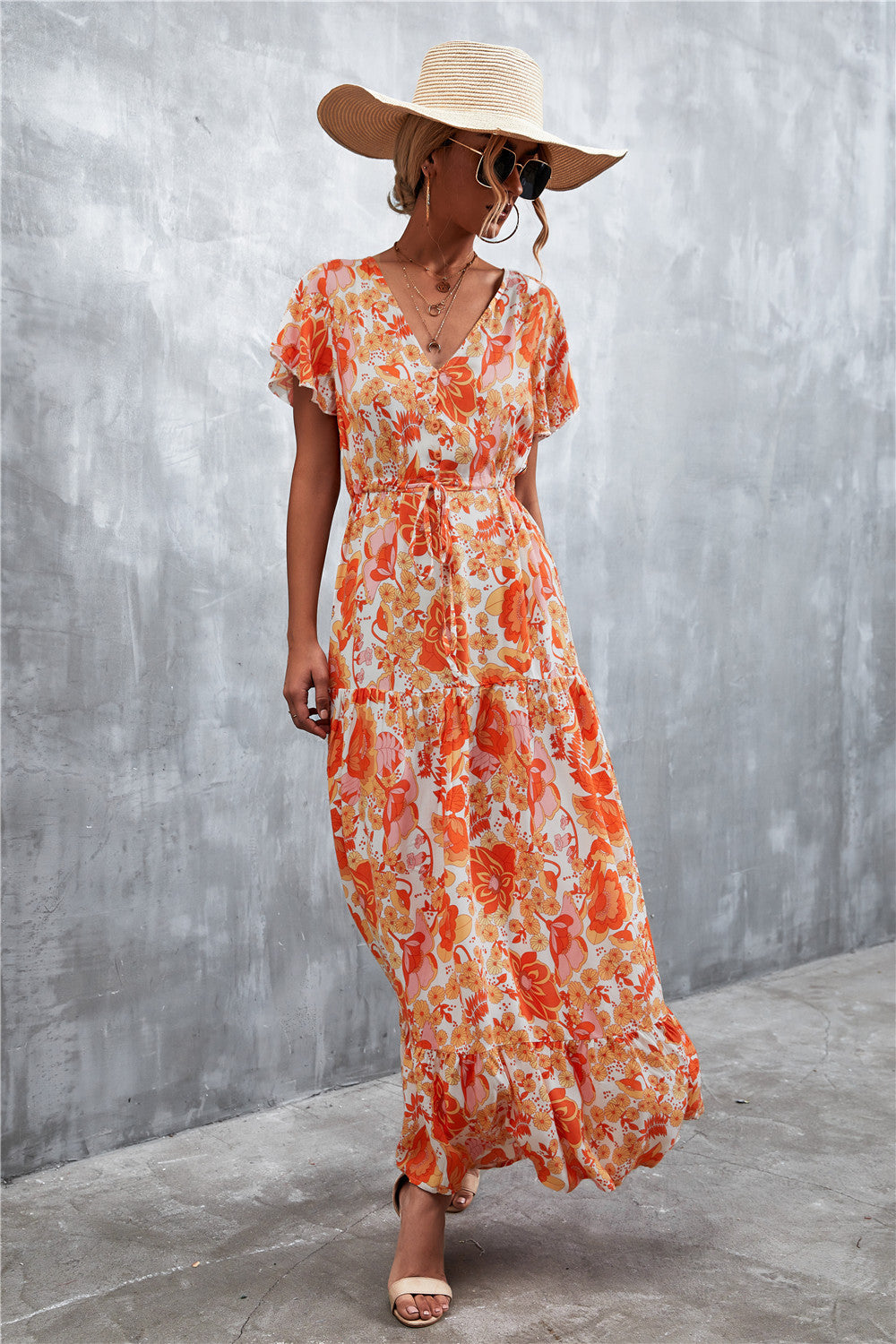 Floral Buttoned Drawstring Waist Tiered Midi Dress.