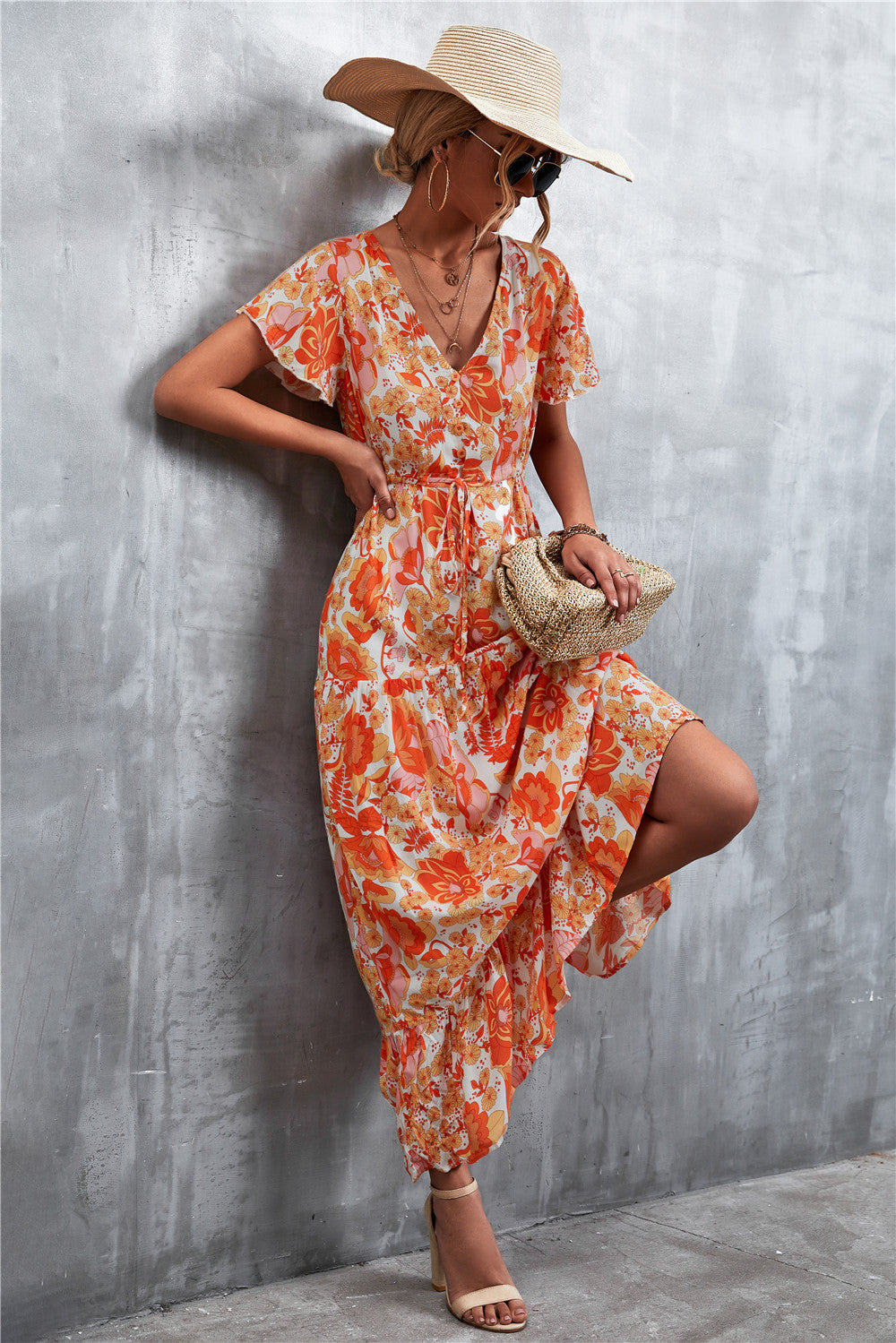 Floral Buttoned Drawstring Waist Tiered Midi Dress.
