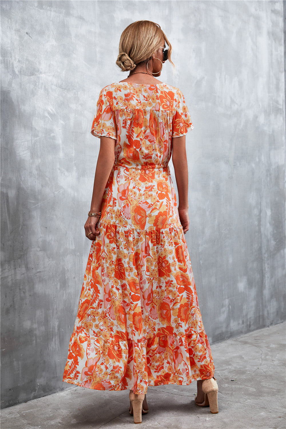 Floral Buttoned Drawstring Waist Tiered Midi Dress.