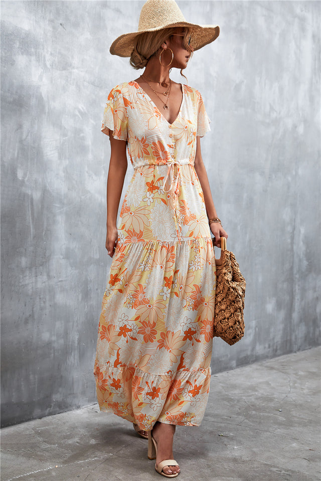 Floral Buttoned Drawstring Waist Tiered Midi Dress.