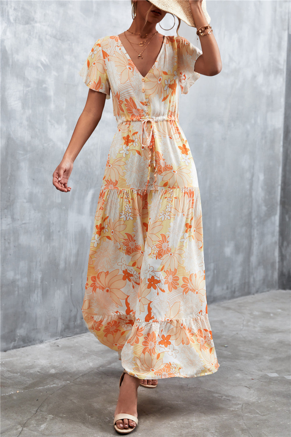 Floral Buttoned Drawstring Waist Tiered Midi Dress.
