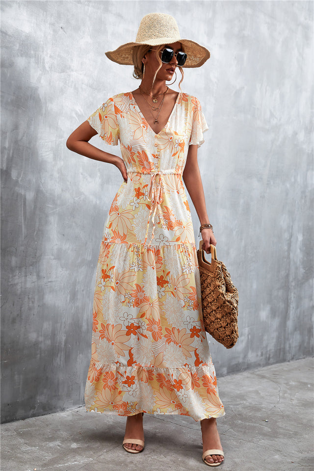 Floral Buttoned Drawstring Waist Tiered Midi Dress.
