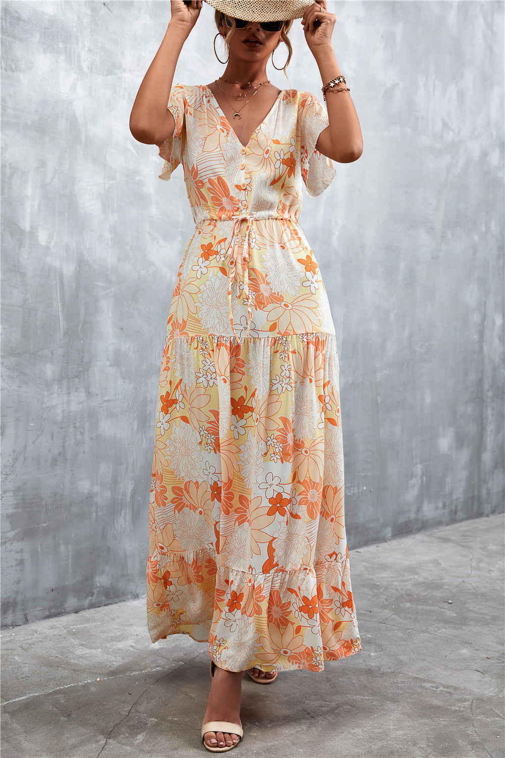Floral Buttoned Drawstring Waist Tiered Midi Dress.