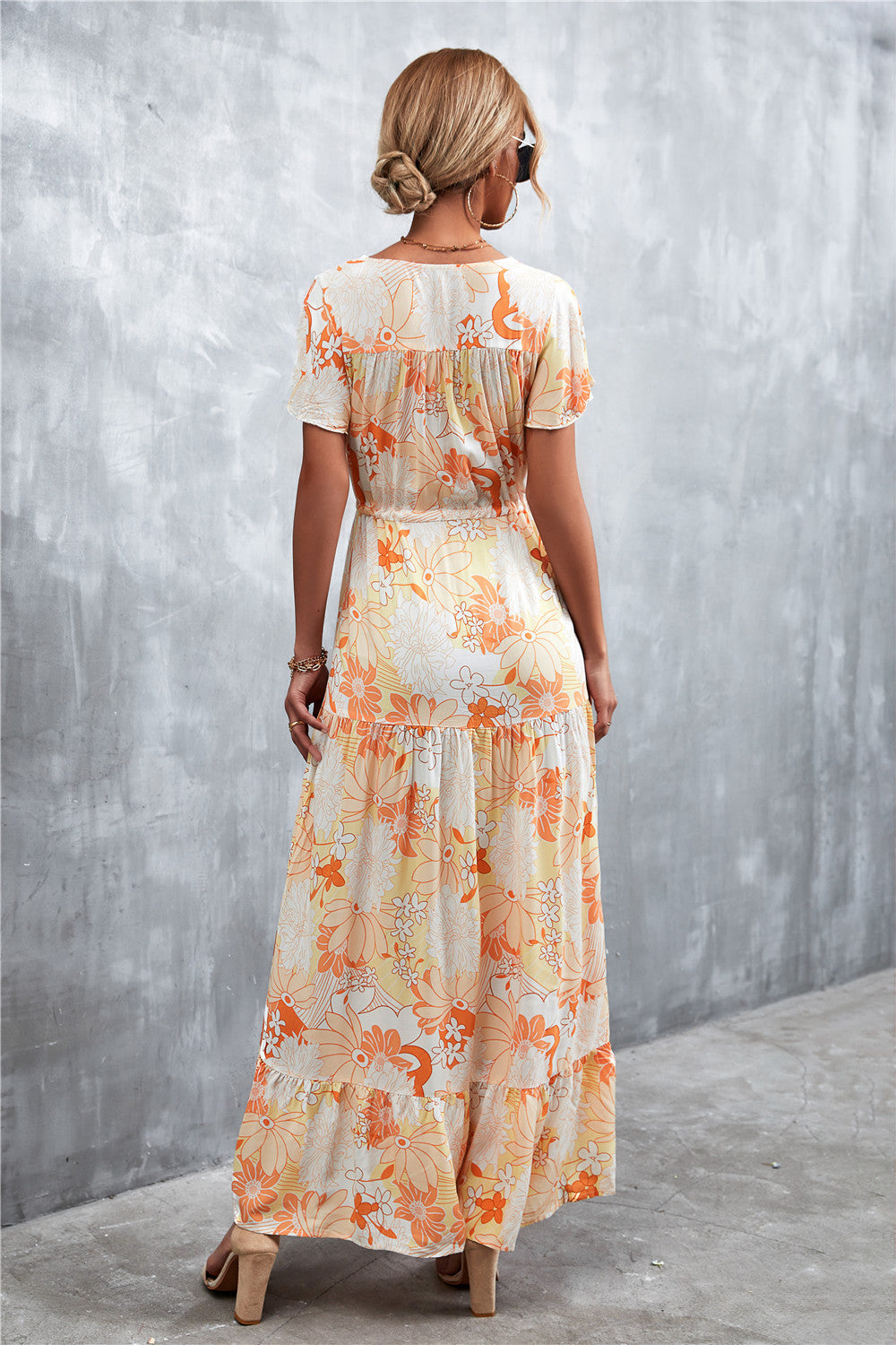 Floral Buttoned Drawstring Waist Tiered Midi Dress.