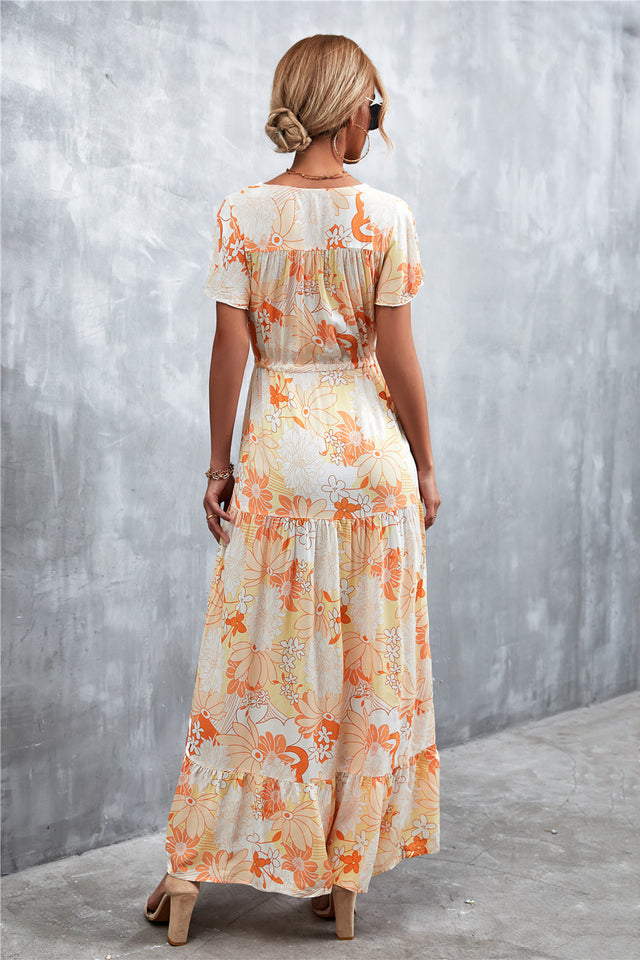 Floral Buttoned Drawstring Waist Tiered Midi Dress.