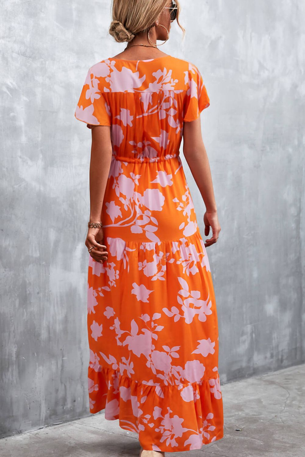 Floral Buttoned Drawstring Waist Tiered Midi Dress.