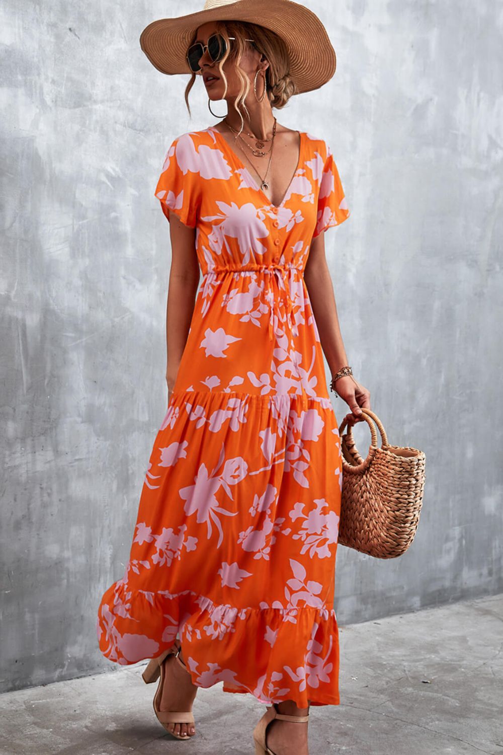Floral Buttoned Drawstring Waist Tiered Midi Dress.
