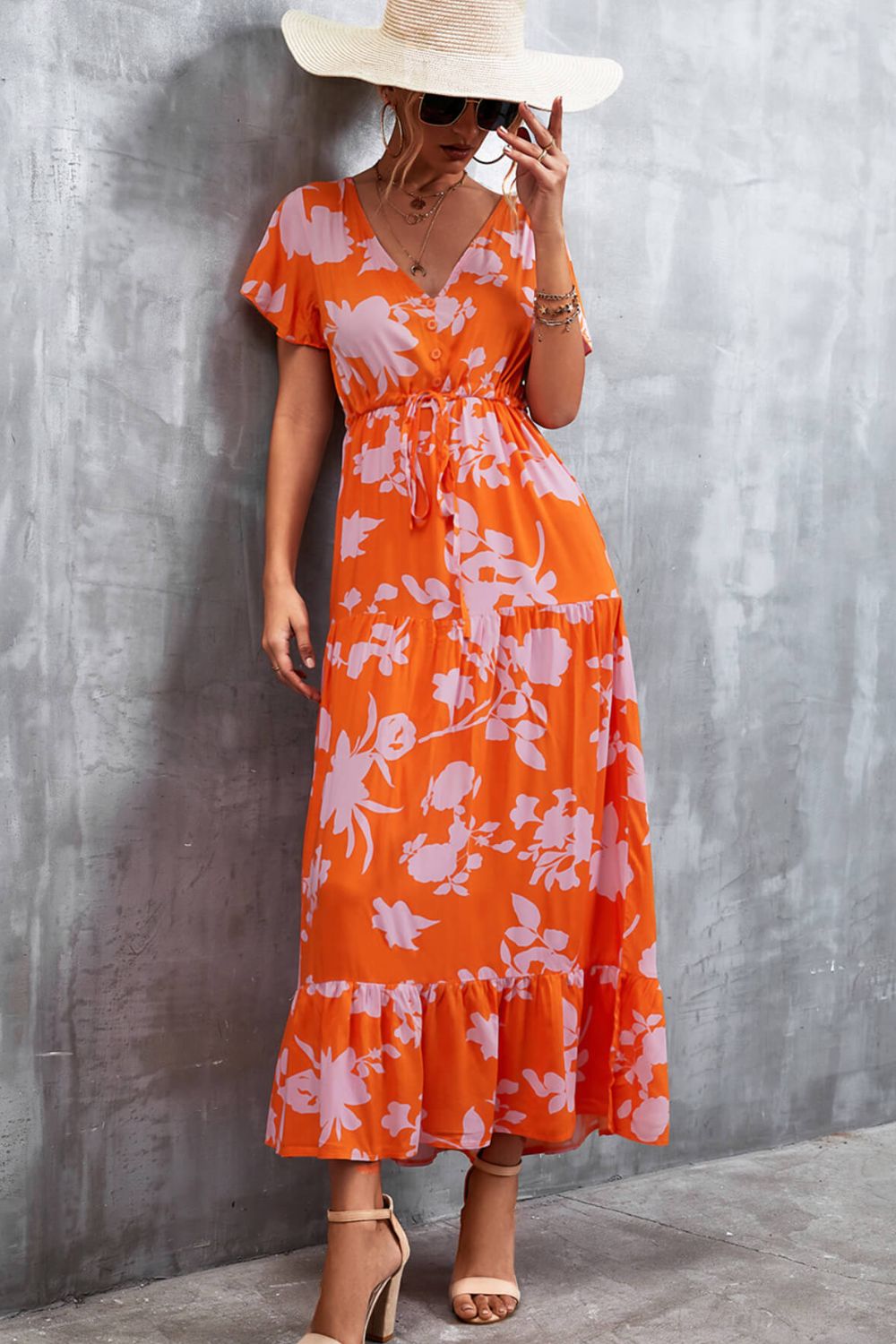 Floral Buttoned Drawstring Waist Tiered Midi Dress.