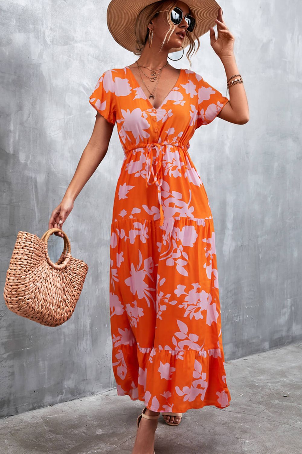 Floral Buttoned Drawstring Waist Tiered Midi Dress.
