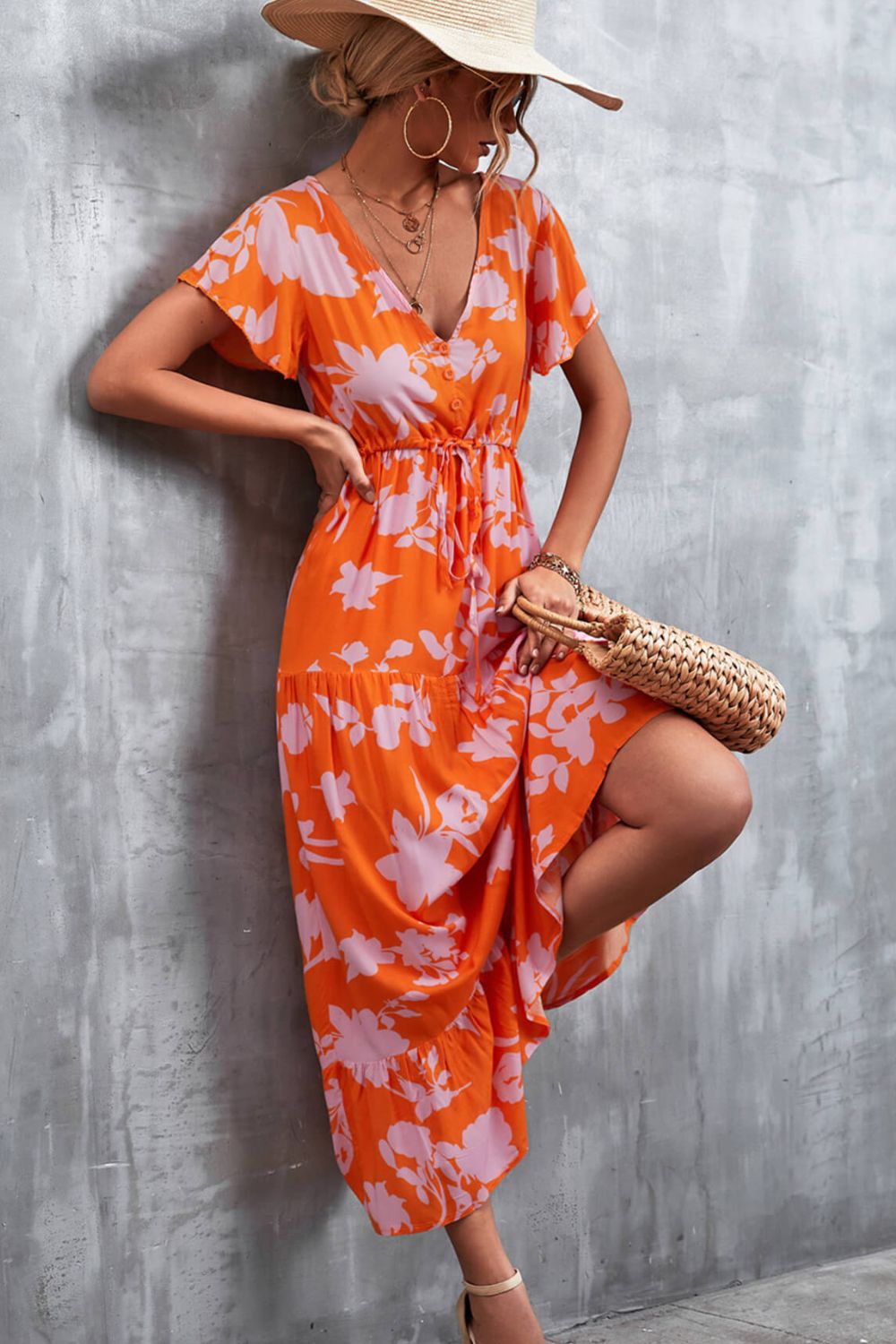 Floral Buttoned Drawstring Waist Tiered Midi Dress.