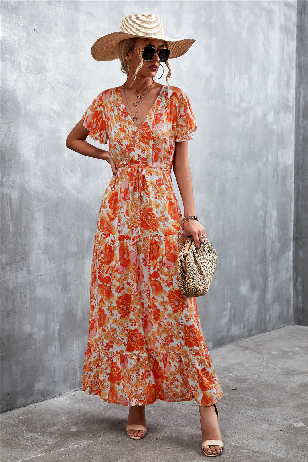 Floral Buttoned Drawstring Waist Tiered Midi Dress.