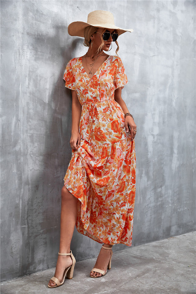 Floral Buttoned Drawstring Waist Tiered Midi Dress.