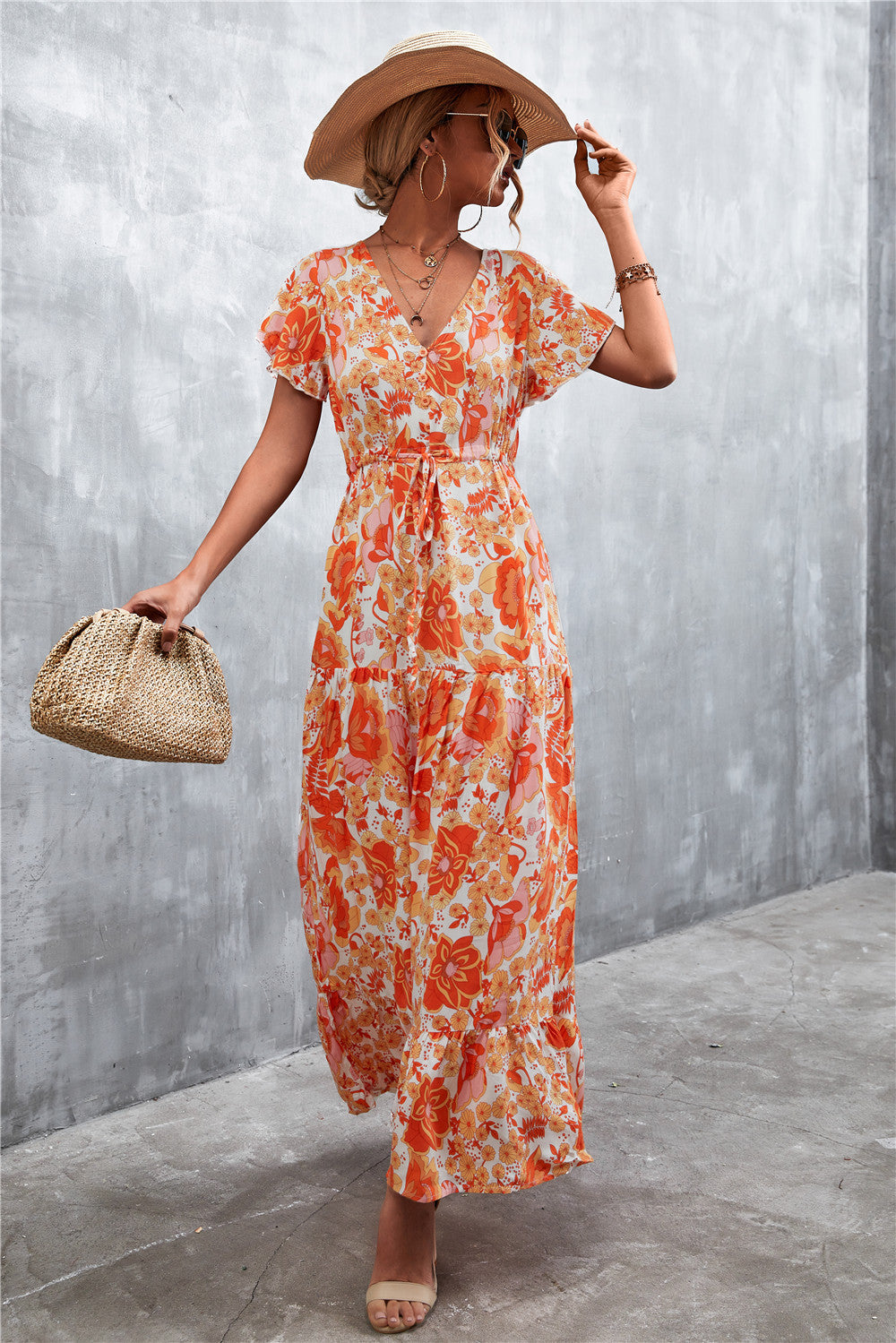 Floral Buttoned Drawstring Waist Tiered Midi Dress.