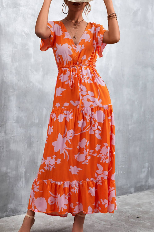 Floral Buttoned Drawstring Waist Tiered Midi Dress.