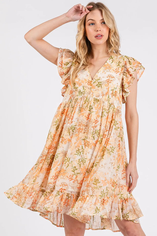 Mittoshop Floral Chiffon Ruffle Short Sleeve Mini Dress.