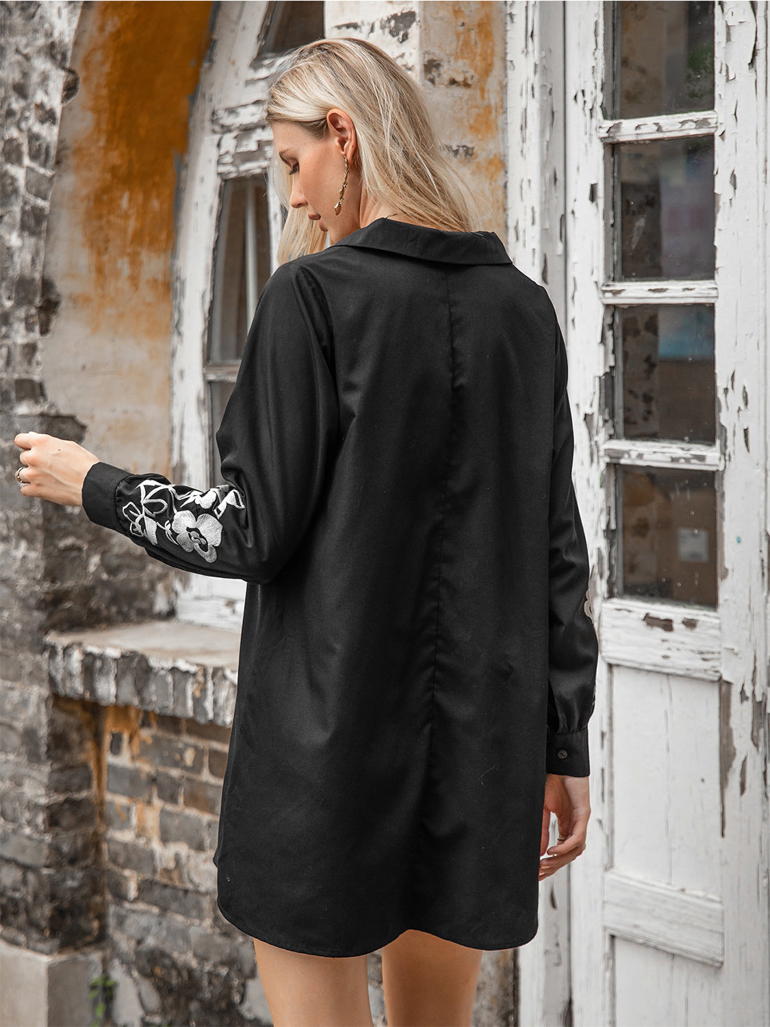 Floral Collared Neck Long Sleeve Dress.