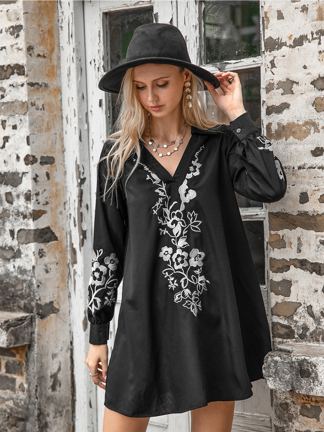 Floral Collared Neck Long Sleeve Dress.