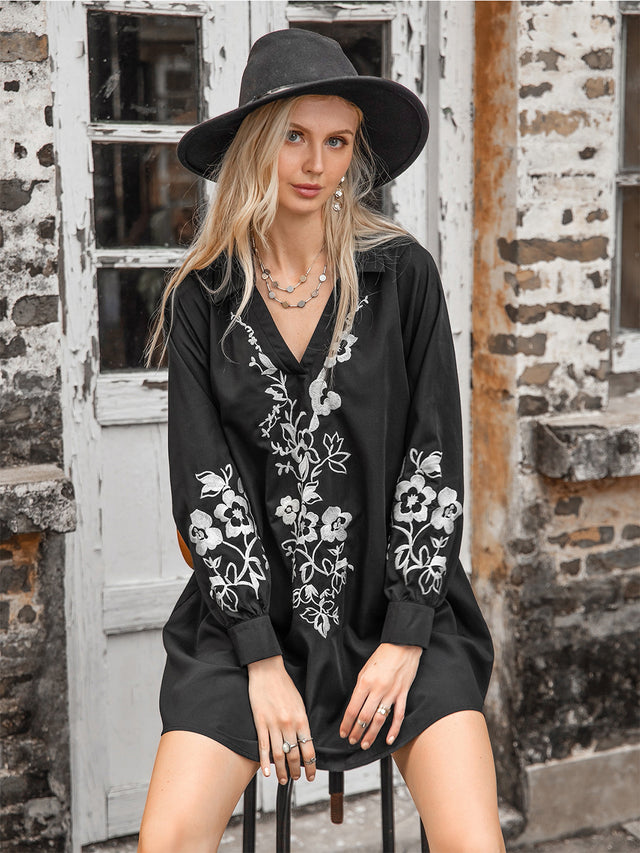 Floral Collared Neck Long Sleeve Dress.