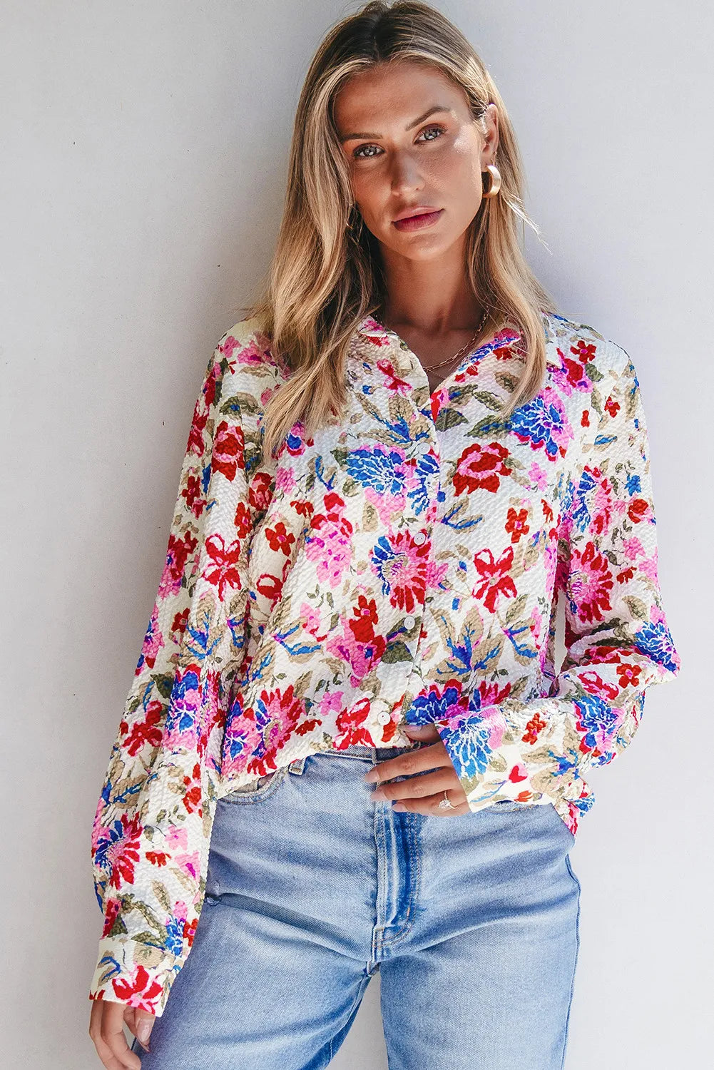 Floral collared neck long sleeve shirt.