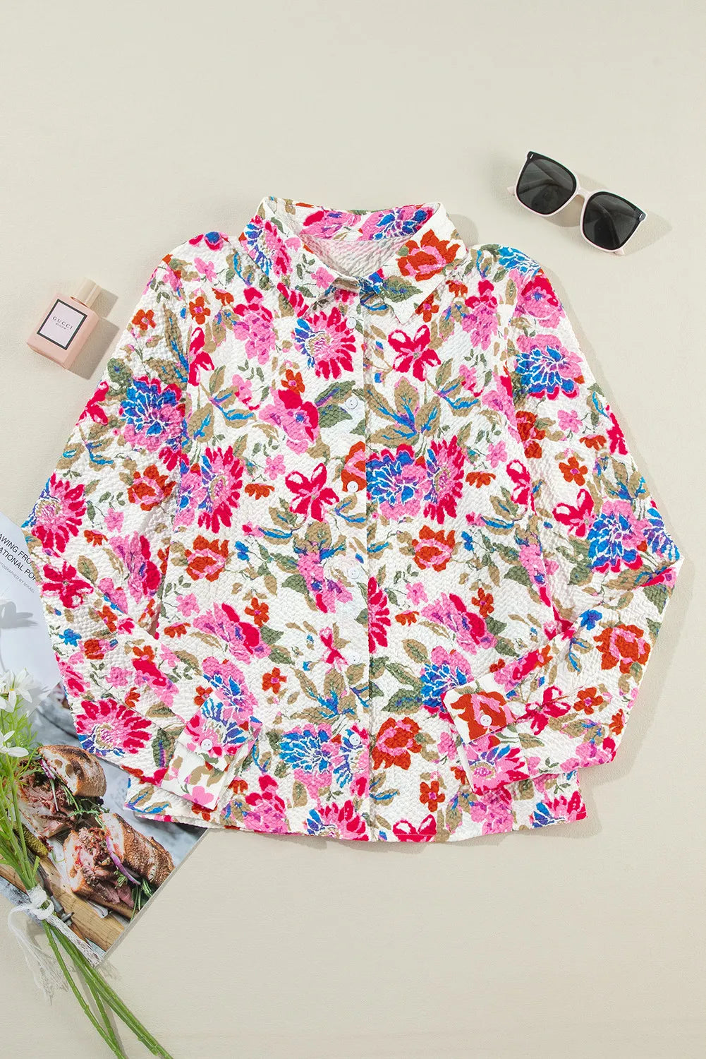 Floral collared neck long sleeve shirt.