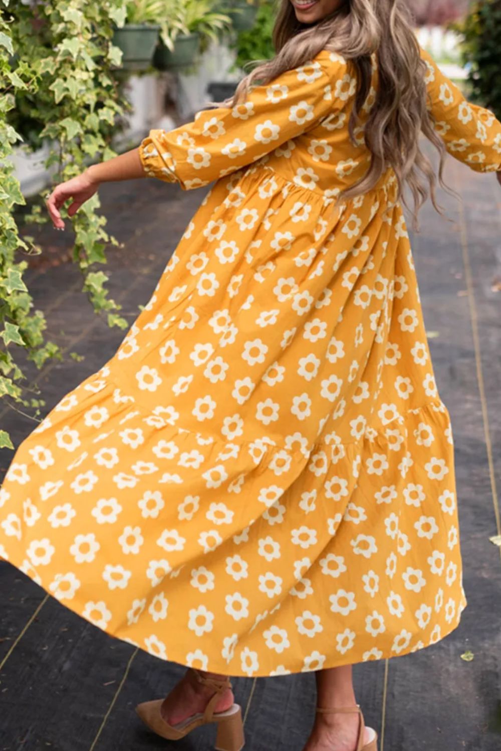 Floral Collared Neck Three-Quarter Sleeve Dress.