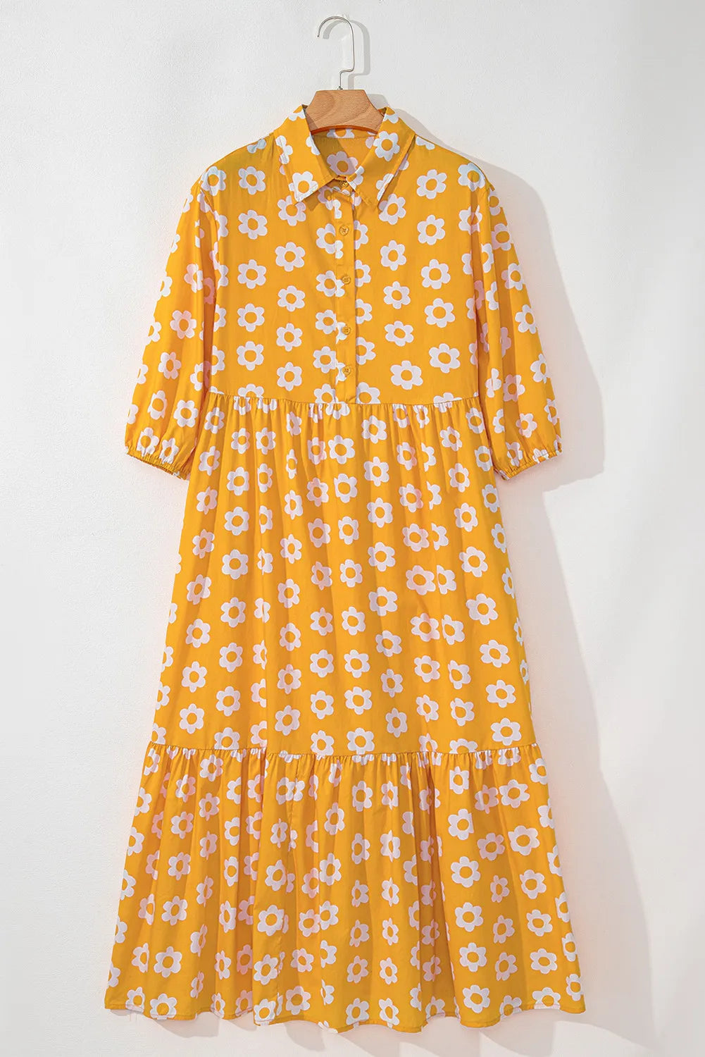 Floral Collared Neck Three-Quarter Sleeve Dress.