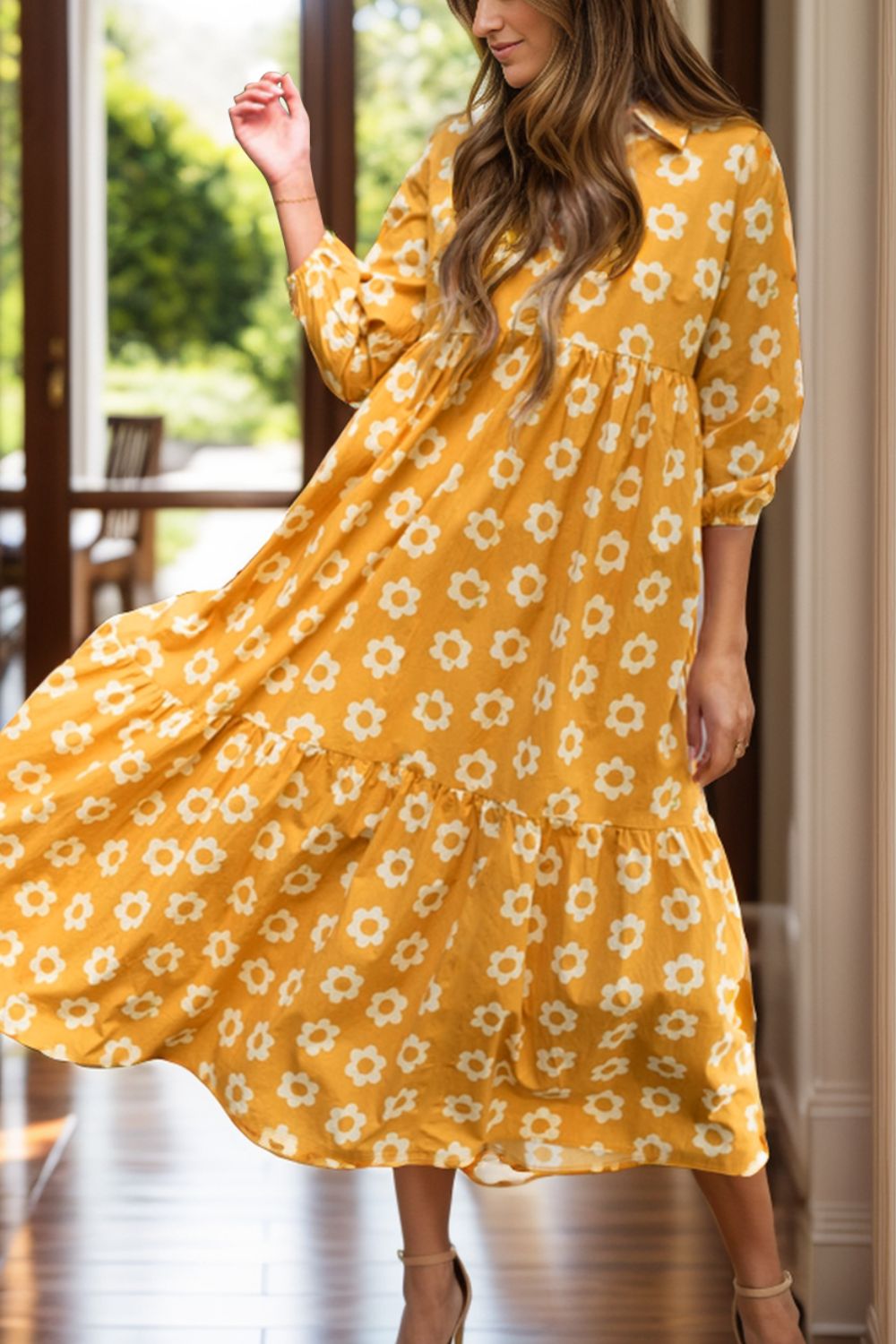 Floral Collared Neck Three-Quarter Sleeve Dress.