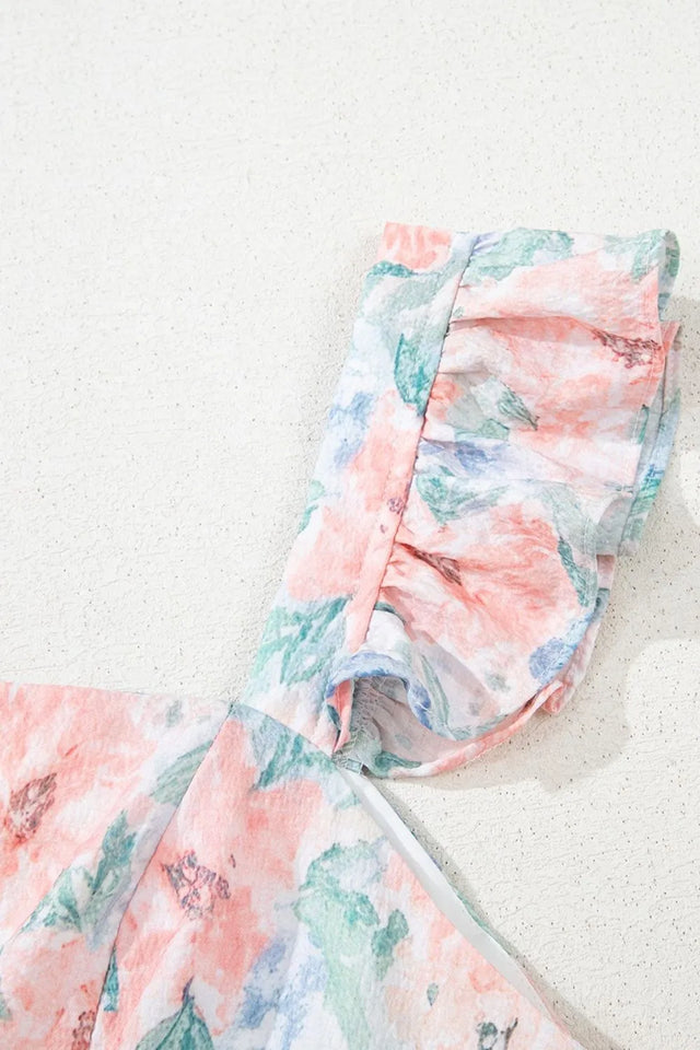 Floral Colorblock Flutter Straps Flowy Dress.