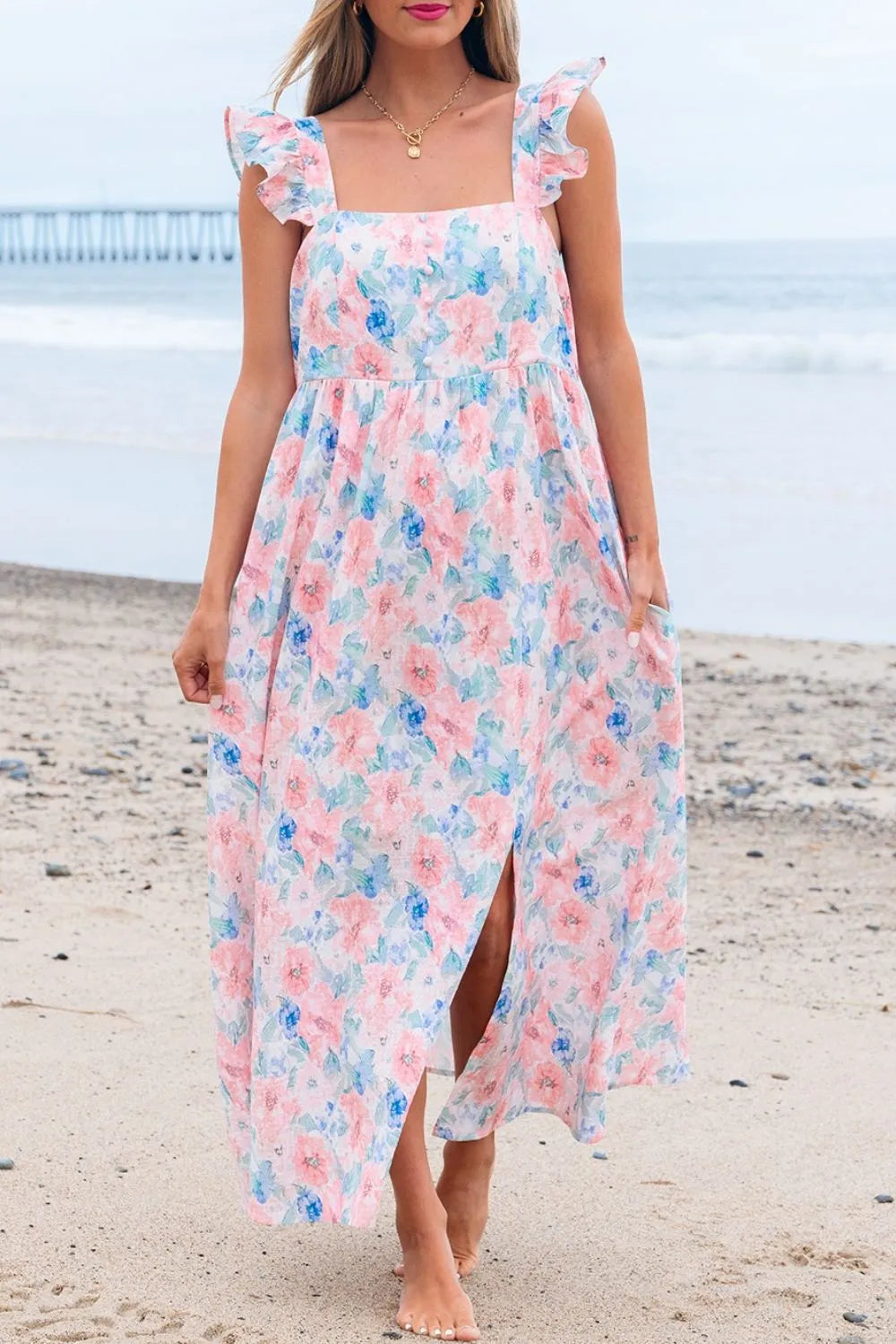 Floral Colorblock Flutter Straps Flowy Dress.