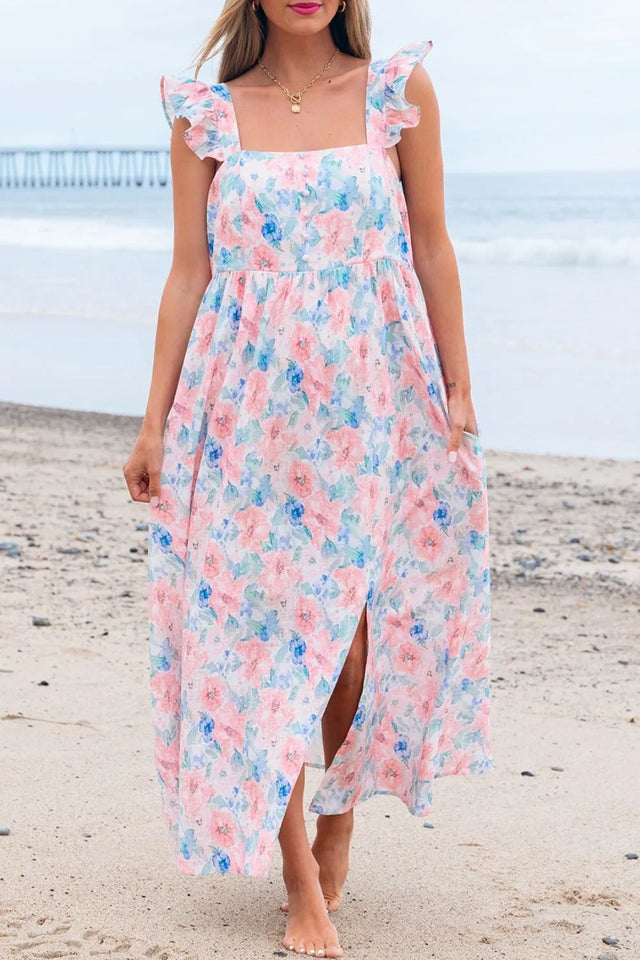Floral Colorblock Flutter Straps Flowy Dress.