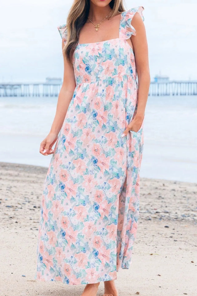 Floral Colorblock Flutter Straps Flowy Dress.