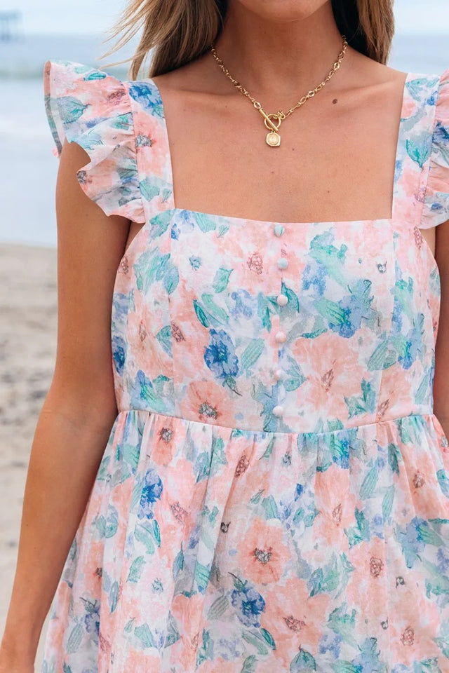 Floral Colorblock Flutter Straps Flowy Dress.