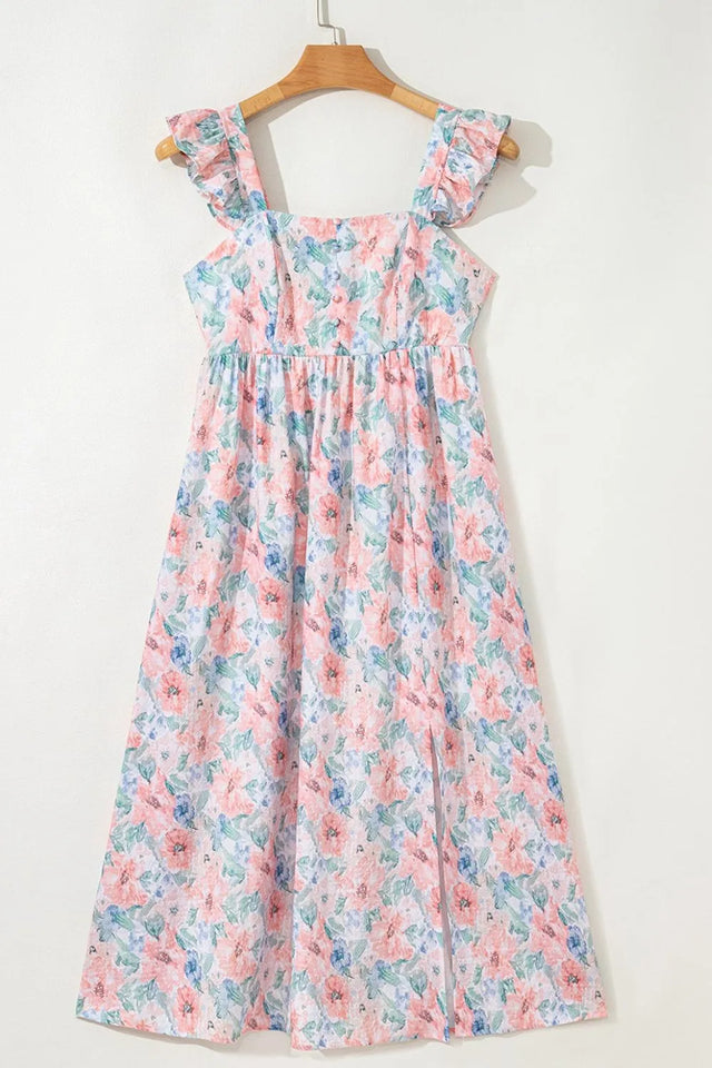Floral Colorblock Flutter Straps Flowy Dress.