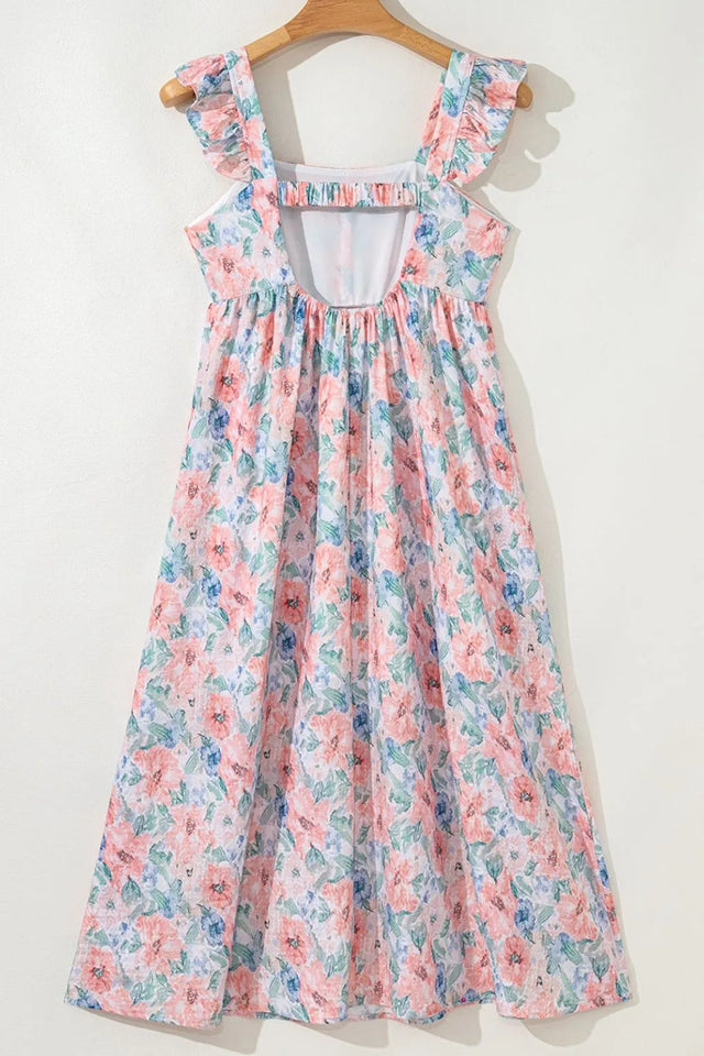 Floral Colorblock Flutter Straps Flowy Dress.