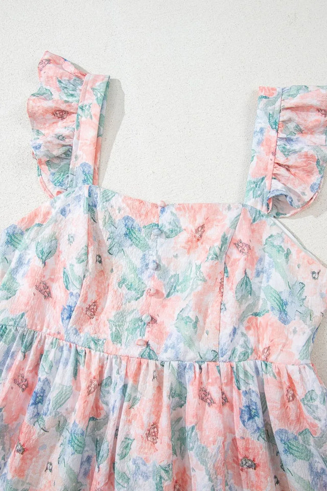 Floral Colorblock Flutter Straps Flowy Dress.