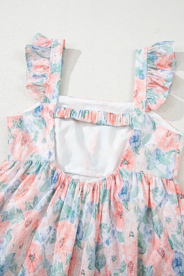 Floral Colorblock Flutter Straps Flowy Dress.